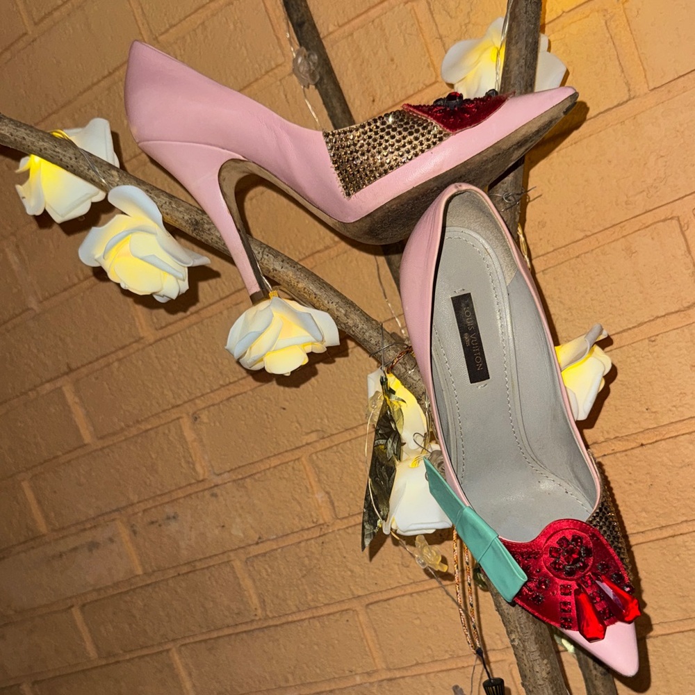 VINTAGE- Louis Vuitton Pink w/turquoise bow & Red/gold Rhinestone heels